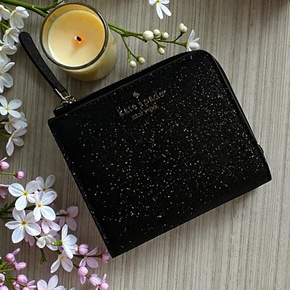 KATE SPADE Shimmy Glitter Black Small L-Zip Saffiano Leather Bifold Wallet - Picture 1 of 13